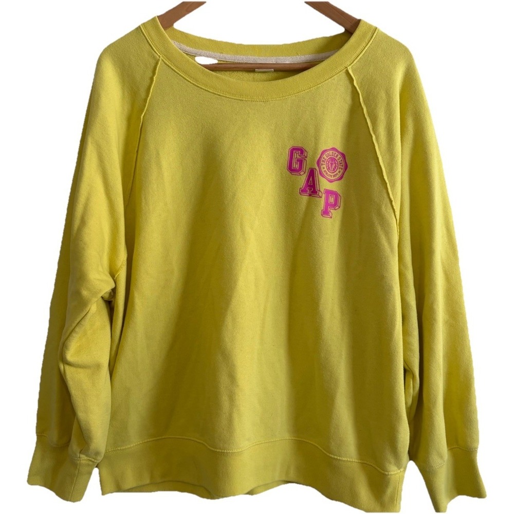 GAP Vintage Soft Raglan Sweatshirt Citron Yellow Pink Logo Shooting Star Large